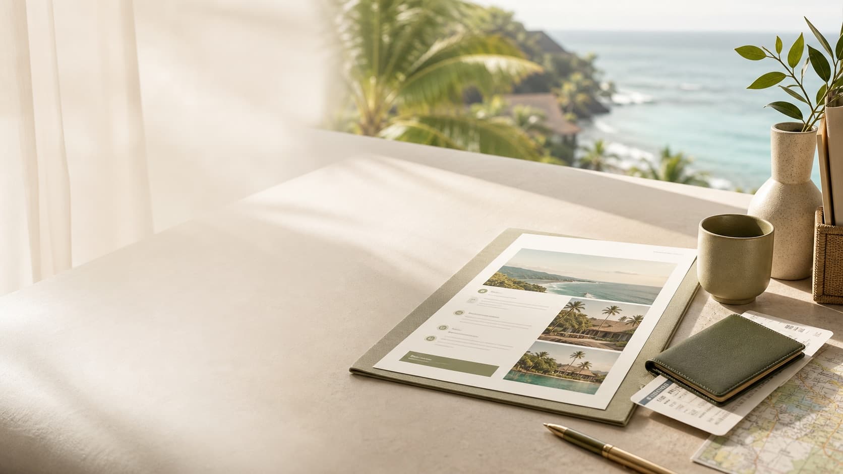 Premium travel planning desk with itinerary materials