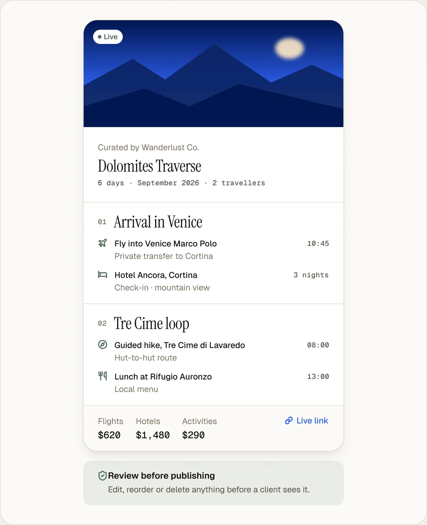 Itinerary under review before publishing