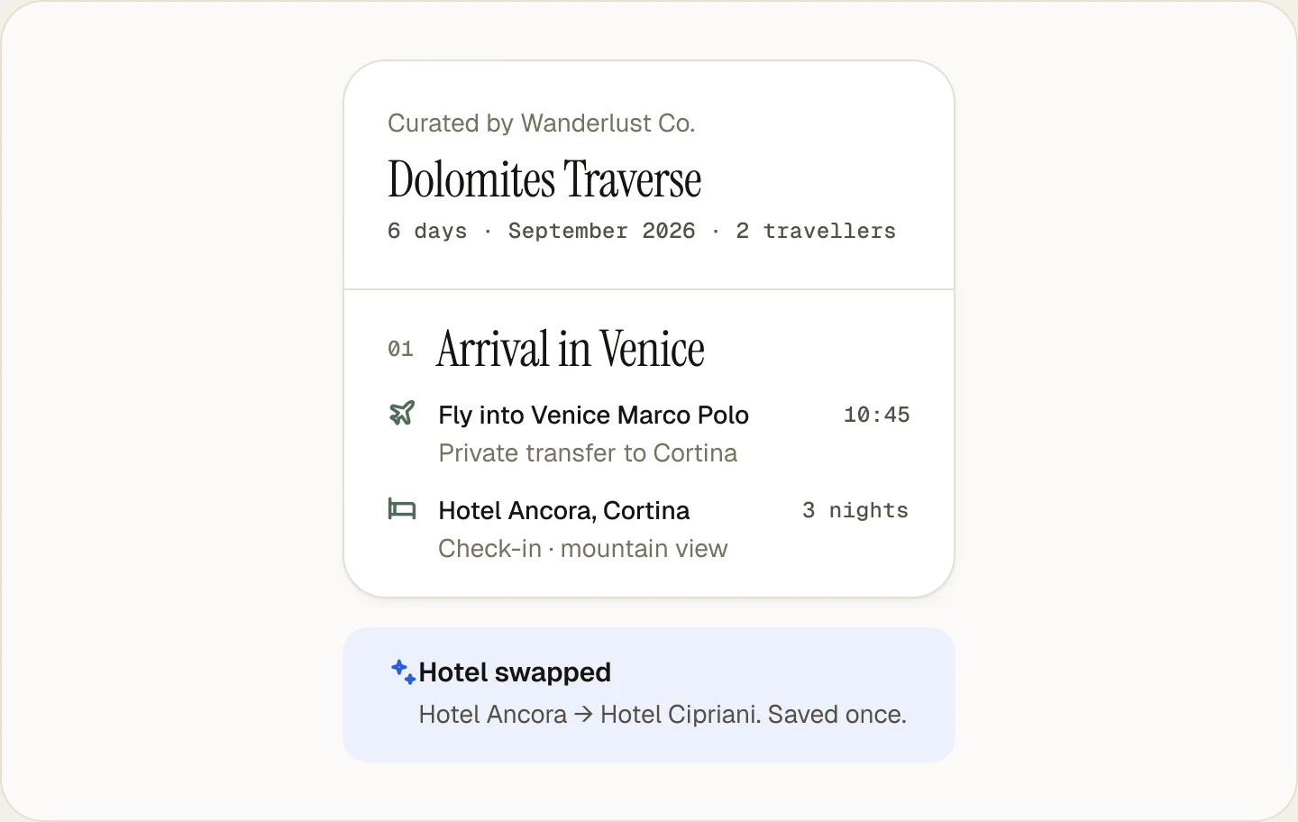 A hotel swapped in the itinerary