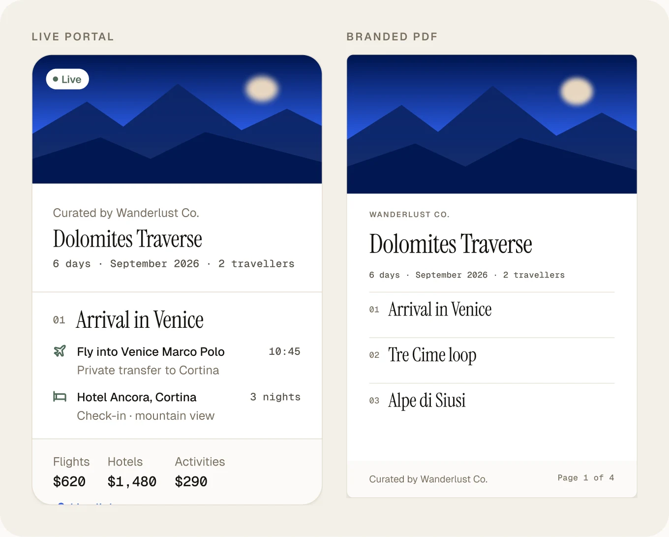 The same trip as a live portal and as a branded PDF