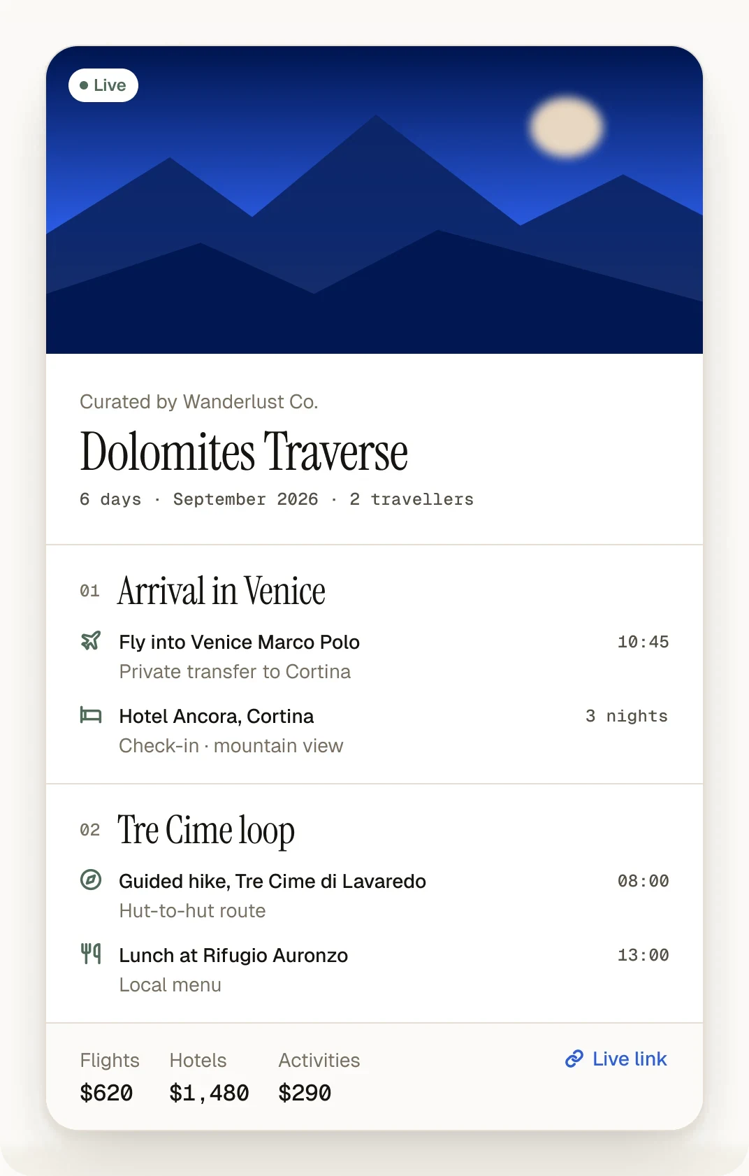 Dolomites Traverse itinerary card with day-by-day plan and trip totals