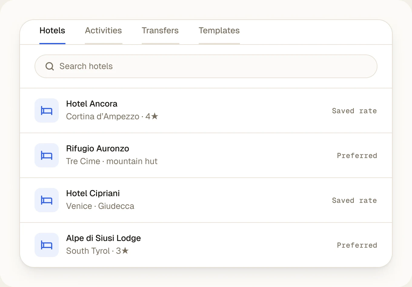 Shared library of hotels with saved rates