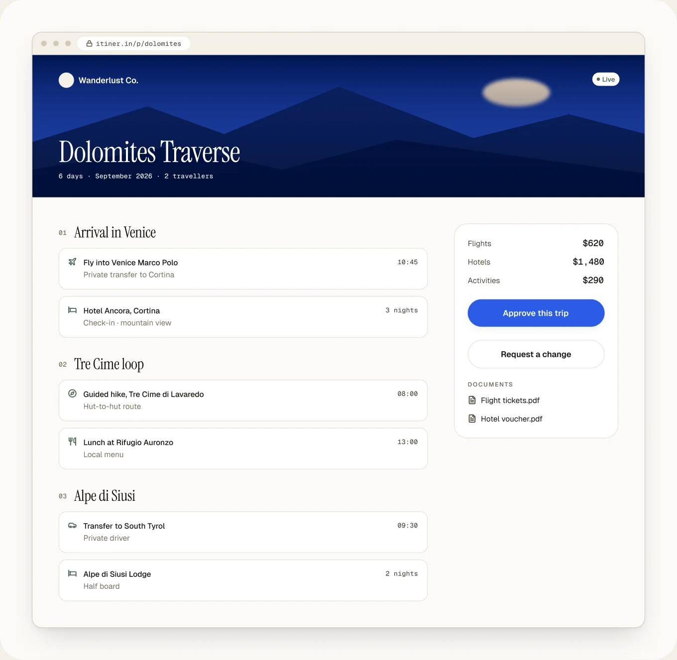 Desktop client portal with trip totals and an approve button