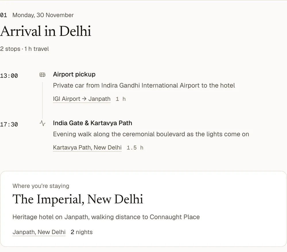 Day 1 of the sample trip in the client portal: airport pickup at 13:00, an evening walk at India Gate, and the hotel for two nights
