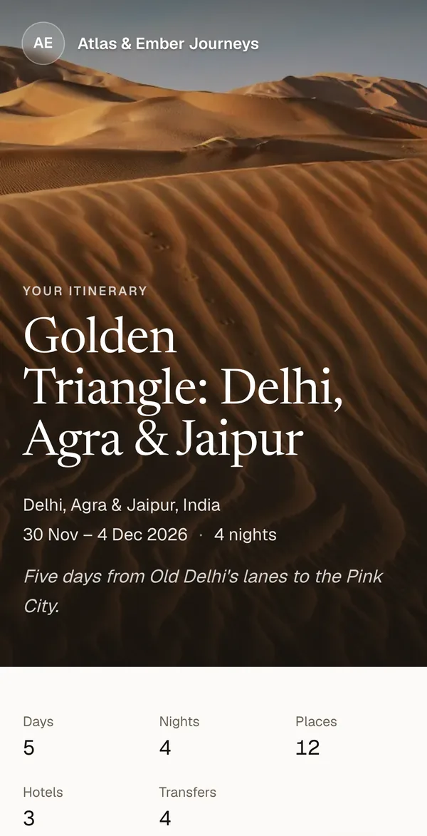 A client portal on a phone: Golden Triangle, Delhi, Agra and Jaipur, 30 Nov to 4 Dec 2026, from a demo agency