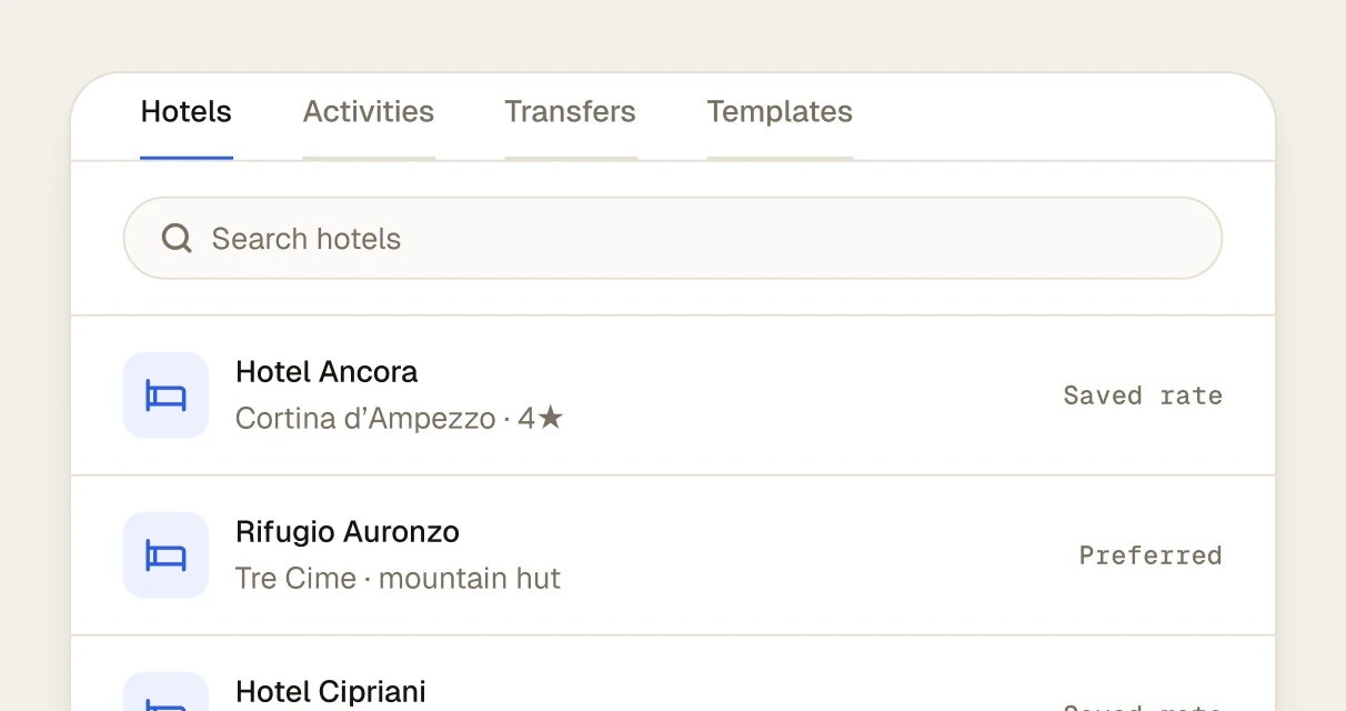 Shared team library of hotels, activities and transfers