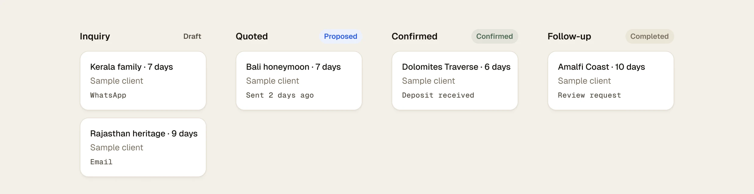 Client pipeline board with Inquiry, Quoted, Confirmed and Follow-up columns