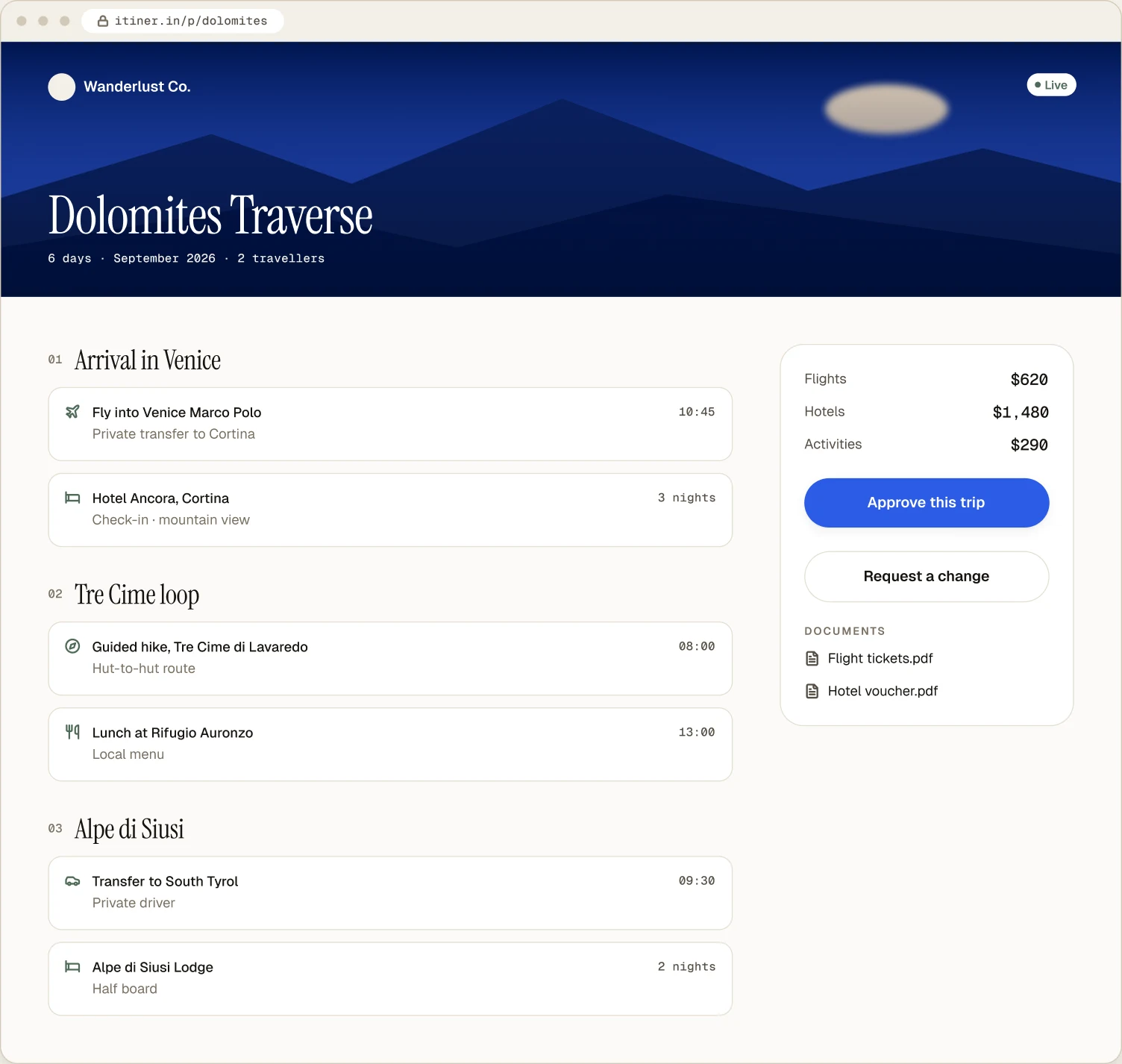 Desktop client portal for the Dolomites Traverse: day-by-day plan, trip totals, approve button and shared documents