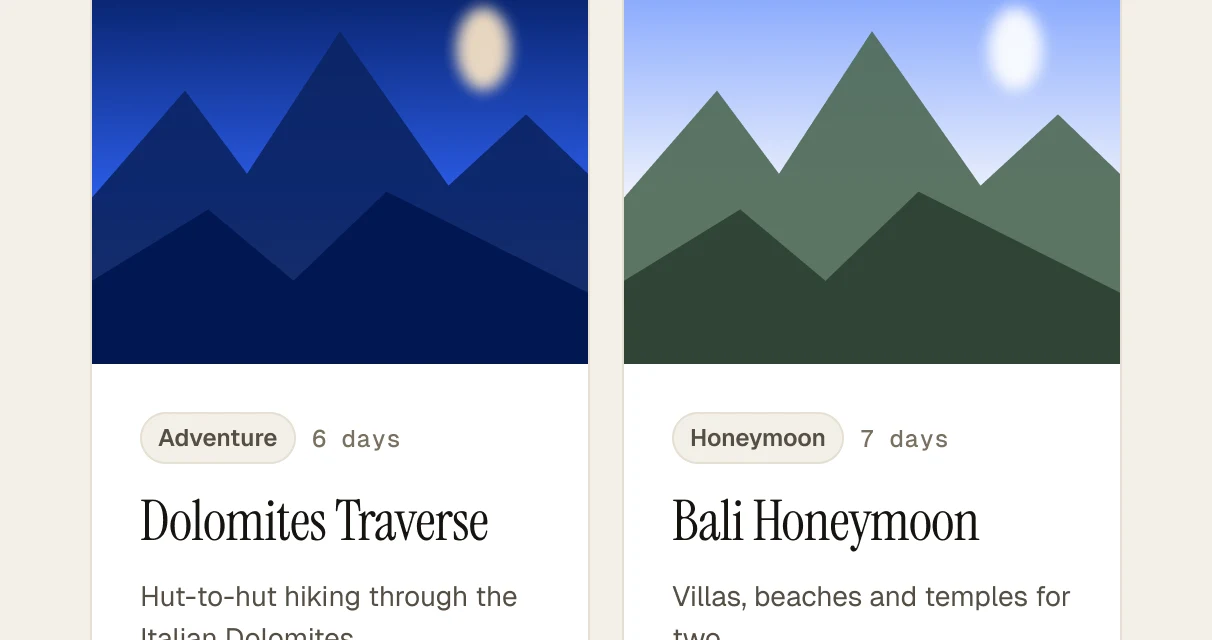 Saved itinerary templates for the Dolomites and Bali