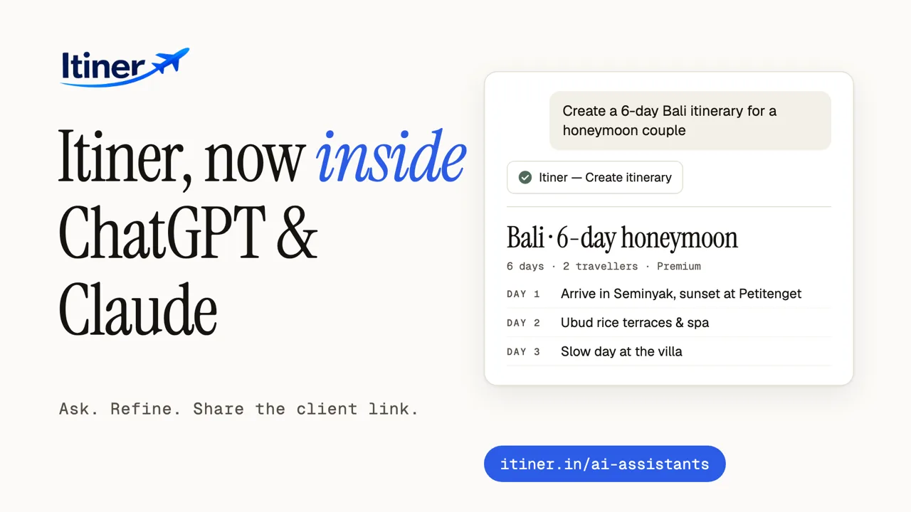 Itiner inside Claude, and in ChatGPT through a custom connector: watch the 40-second walkthrough