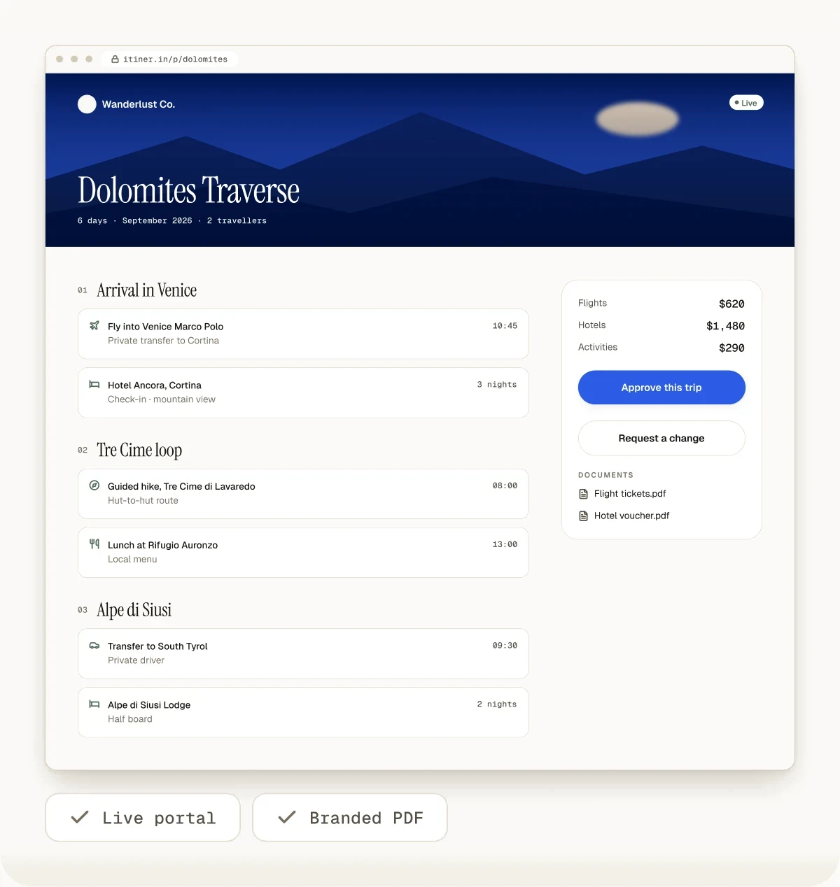 Client portal for the Dolomites Traverse on desktop with live link and PDF