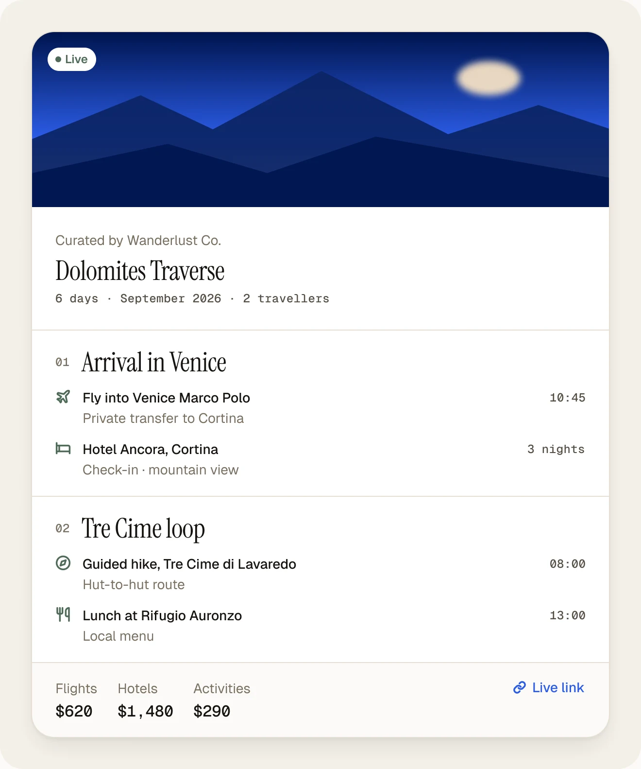A tour template copied and tailored for a new departure