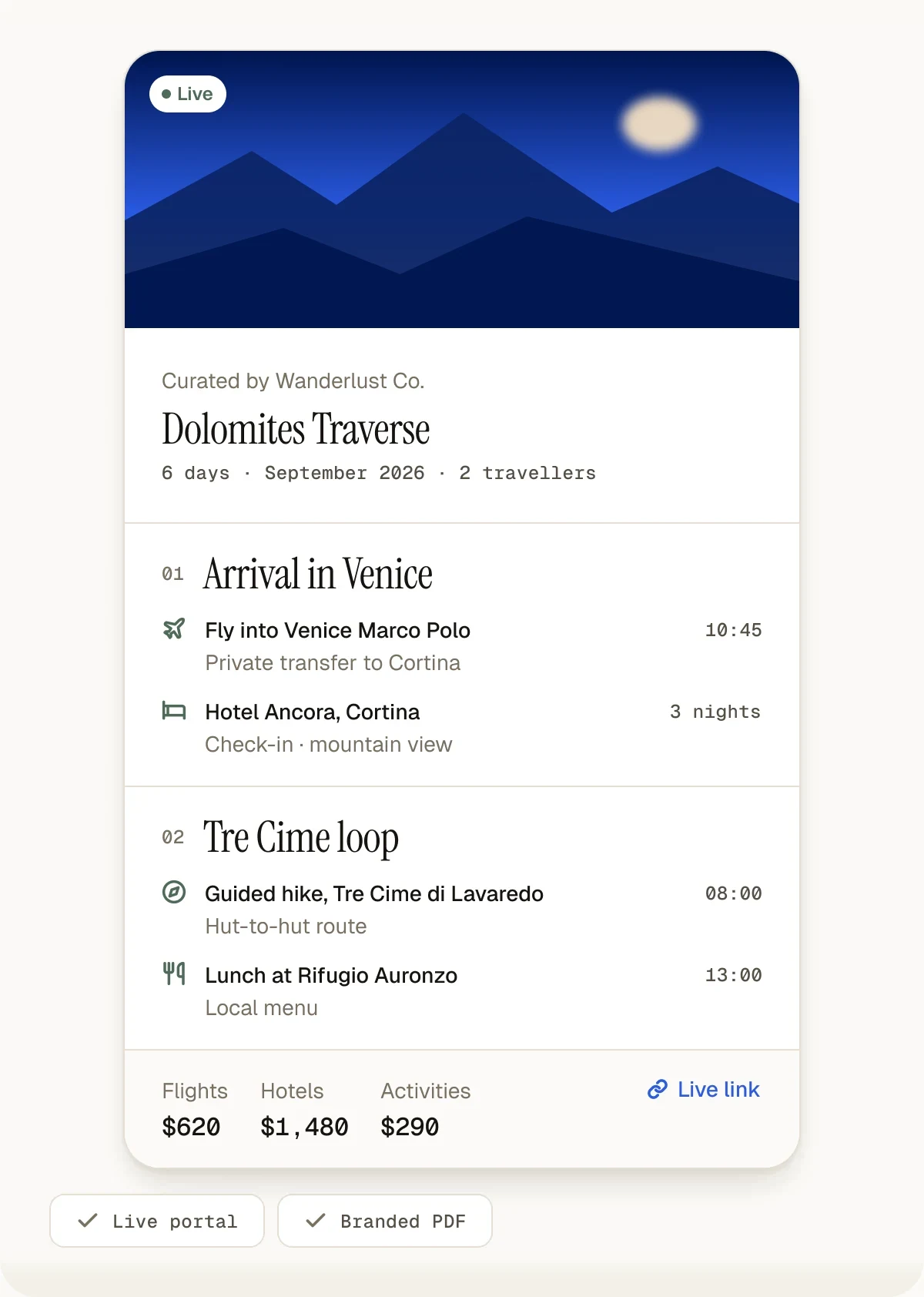 Itiner itinerary and client portal preview